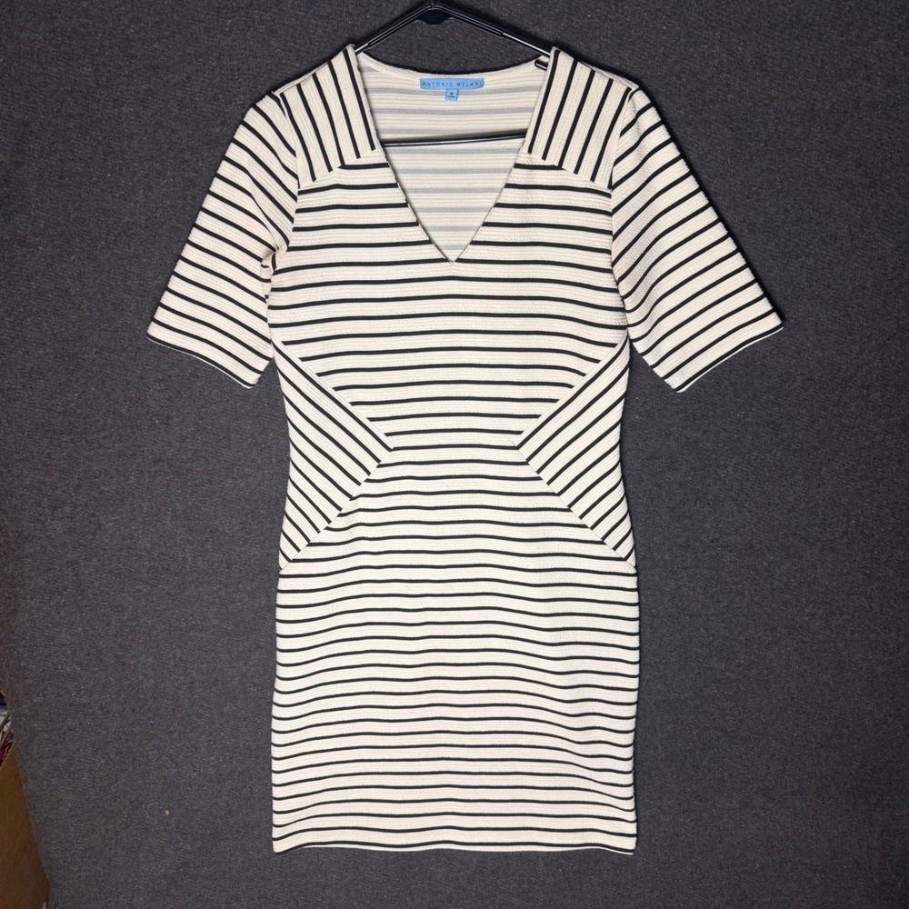 Antonio Melani Womens M Striped V-Neck Sheath‎ Dress Black White Short Sleeve